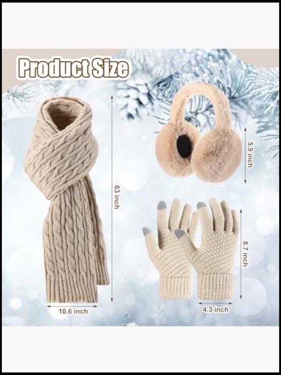 Winter Beanie Hat Scarf Gloves Ear Warmer Set Acrylic Fleece Knit